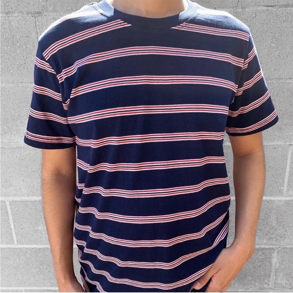 MENS NAVY BLUE STRIPE T SHIRT - Picture 1 of 5